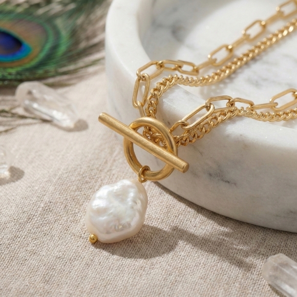 NKULTD Jewelry - 18K Gold Plated Steel Pearl Toggle Necklace Minimalist Water Resistant Gift